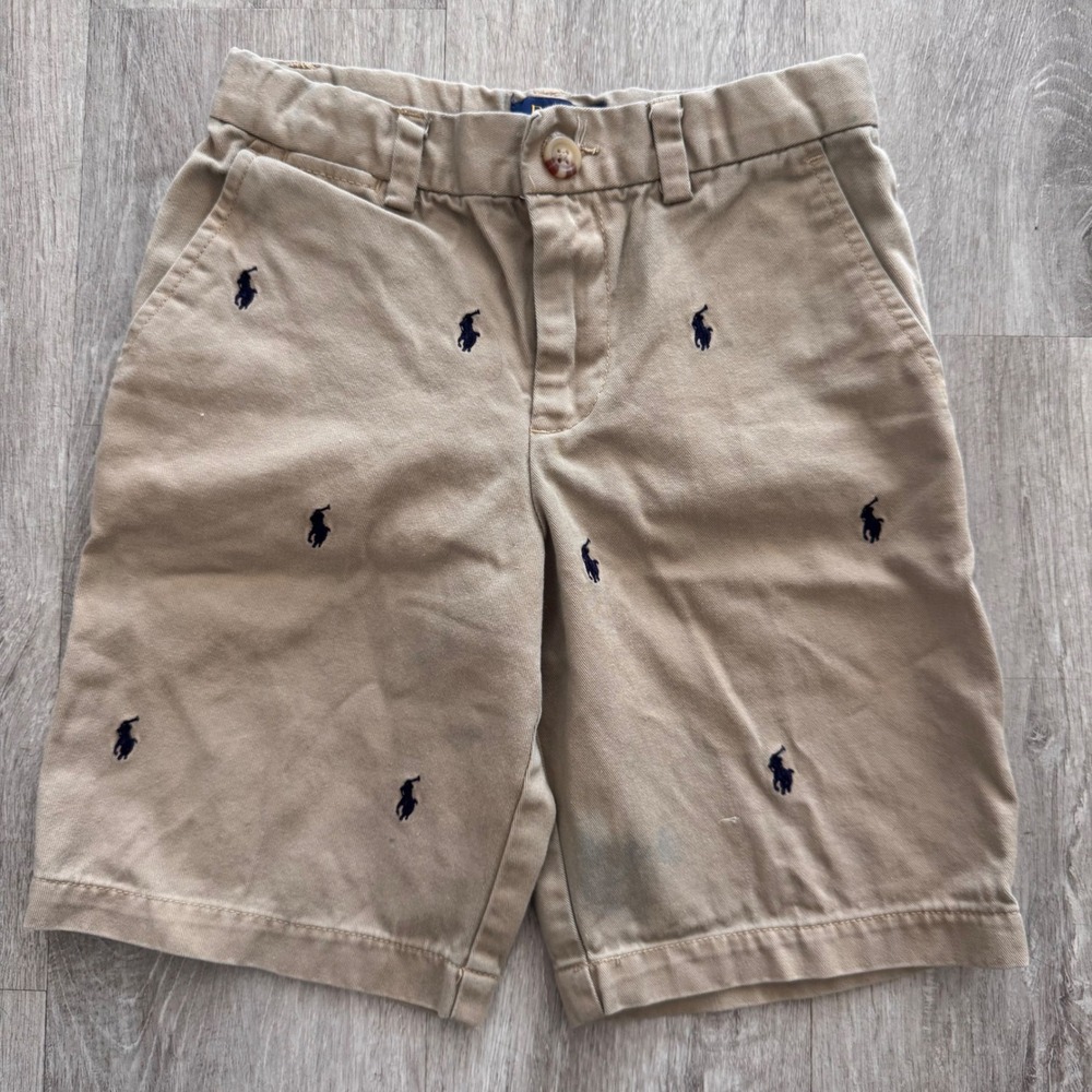 Polo Ralph Lauren Boys Tan Khaki All Over Pony Logo Chino Shorts Size 6